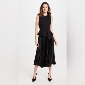 Shoshanna Black Pleated Midi Dress with Asymmetrical Peplum | NWT Size 10